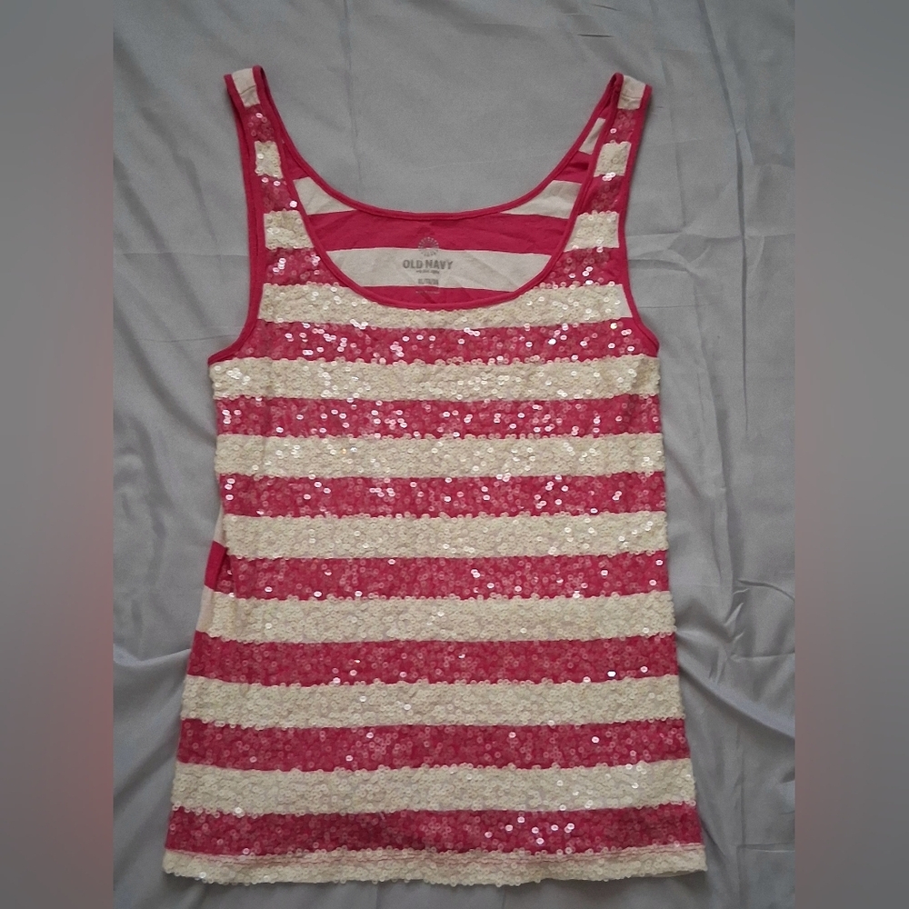 Old Navy Pink and Cream Striped Sequin Tank Top